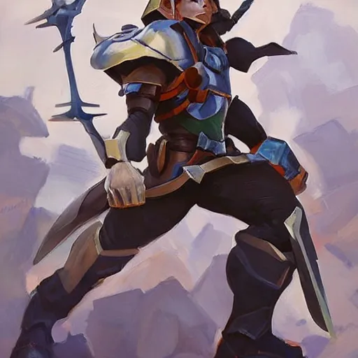 Image similar to greg manchess portrait painting of armored link from legend of zelda as overwatch character, medium shot, asymmetrical, profile picture, organic painting, sunny day, matte painting, bold shapes, hard edges, street art, trending on artstation, by huang guangjian and gil elvgren and sachin teng