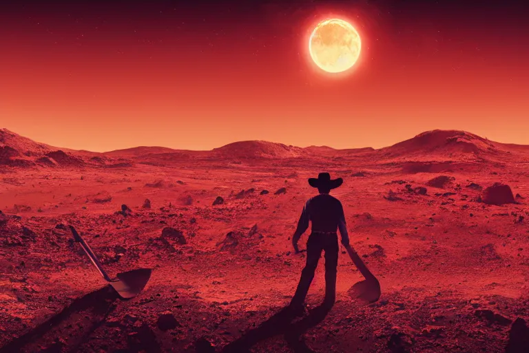 Image similar to wide shot of an old western cowboy digging with a shovel on mars, distant background, red lighting, ominous, gloomy, moonlight, bokeh, depth of field, synthwave, psychedelic, glitch, acrylic, flooko, detailed, cybernetic, sci-fi, glows,