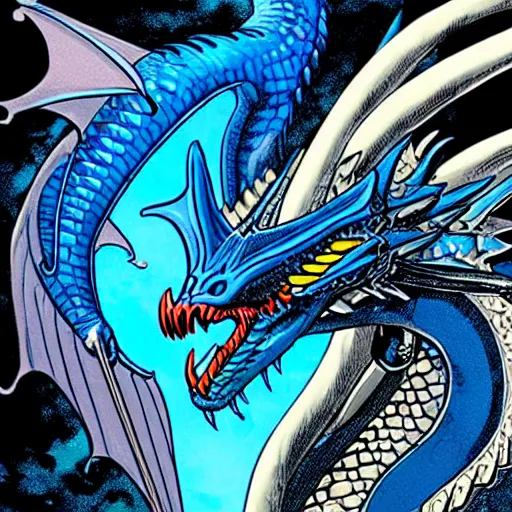 Prompt: closeup of a medieval fantasy blue dragon with electrcity magic, fantasy, d & d, high details, art by phil noto and frank miller