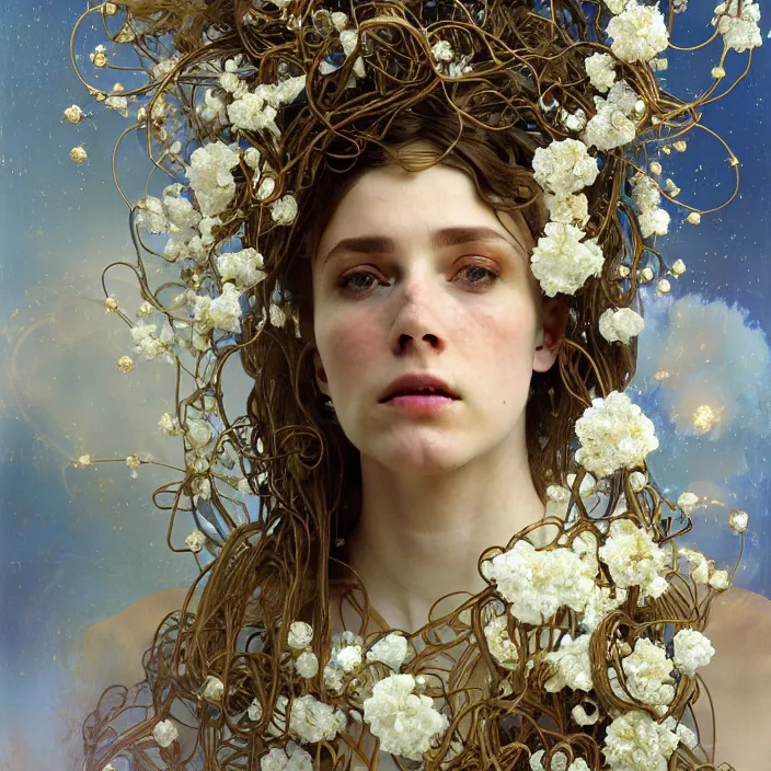 Image similar to hyperrealist portrait of a 2 0 4 4 space sport engineer, it is decorated with long gold wires and white flowers that fall like vines and wears a huge computer crown. by jeremy mann and alphonse mucha, fantasy art, photo realistic, dynamic lighting, artstation, poster, volumetric lighting, dramatic light, very detailed faces, 8 k, award winning