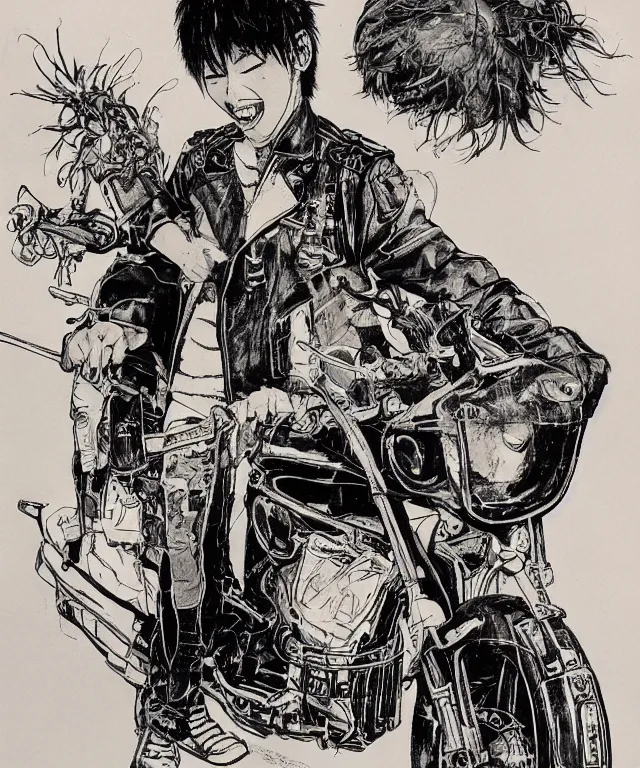 Prompt: a half / profile portrait of a happy teenage japanese man, his hair is messy and unkempt, he is wearing an embroidered leather jacket and carries a biker helmet, a masterpiece, an illustration by kim jung gi, otomo katsuhiro and terada katsuya, realistic proportions and masterful anatomy