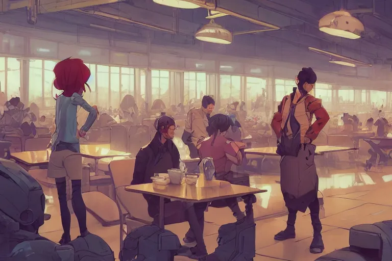 Image similar to a worried person in a crowded busy dystopian cafeteria interior behance hd artstation by jesper ejsing, by rhads, makoto shinkai and lois van baarle, ilya kuvshinov, ossdraws, that looks like it is from borderlands and by feng zhu and loish and laurie greasley, victo ngai, andreas rocha