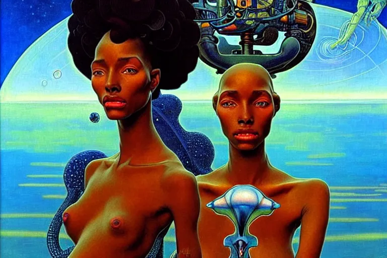 Prompt: realistic extremely detailed portrait painting of a beautiful black woman with a robot, futuristic sci-fi landscape on background by Jean Delville, Amano, Yves Tanguy, Ilya Repin, Alphonse Mucha, Ernst Haeckel, Edward Robert Hughes, Roger Dean, rich moody colours, blue eyes