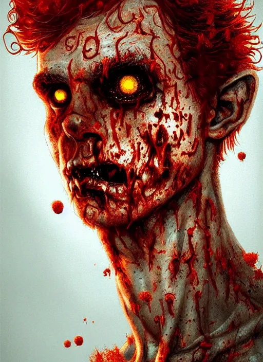 Image similar to portrait of zombie teenage archie andrews, red hair, curly hair, curly middle part, freckles, photorealistic, zombie, rotting skin, blind eyes, white eyes, zombie, intricate, elegant, orange, glowing lights, highly detailed, digital painting, artstation, concept art, sharp focus, illustration, art by wlop, mars ravelo and greg rutkowski