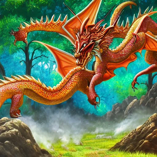 Prompt: highly detailed painting of a western dragon emerging from a colorful woodland hotspring, fantasy, featured on artstation