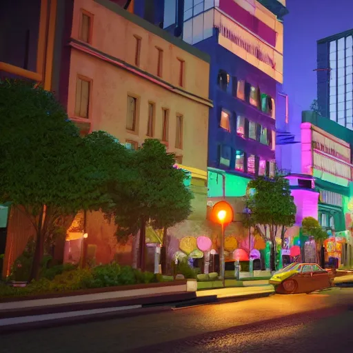 Image similar to Downtown Mexico, string lights, colorful lighting, night, unreal engine 5 tech demo, octane render, Frank Lloyd Wright ((Studio Ghibli))