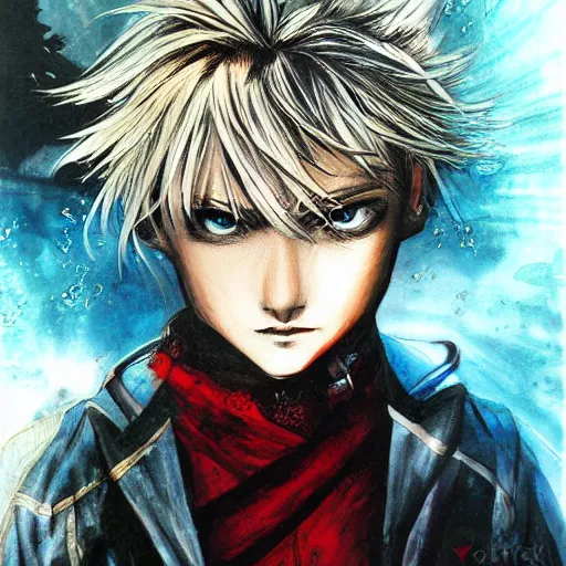 Image similar to an epic fantasy comic book style portrait painting of a young blonde boy thief in the style of yoshitaka amano