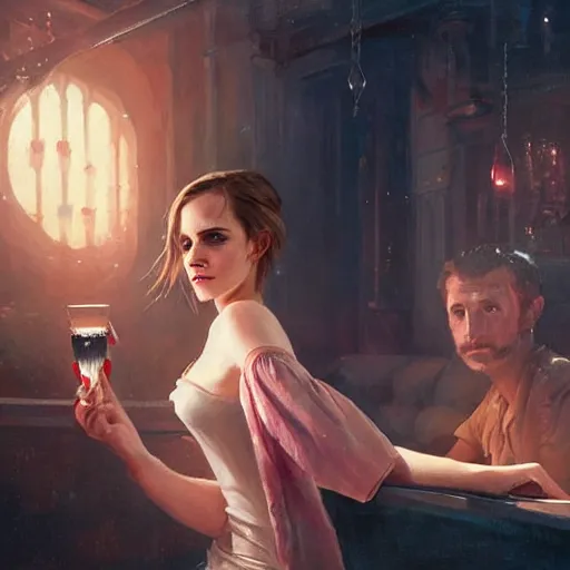 Prompt: highly detailed painting of emma watson drunk in a club, stephen bliss, 8 k, by greg rutkowski, loish, rhads, artgerm, ferdinand knab, makoto shinkai and lois van baarle, ilya kuvshinov, rossdraws, global illumination, radiant light, detailed and intricate environment