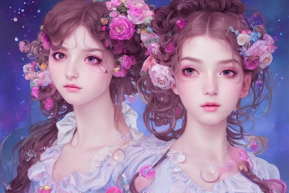 Prompt: dream portrait of magical lolita girl, dreamy and ethereal, expressive pose, big pink eyes, exciting expression, fantasy, intricate, elegant, many rainbow bubbles, rose tones, highly detailed, digital painting, artstation, concept art,cyberpunk wearing, smooth, sharp focus, illustration, art by artgerm and greg rutkowskiand alphonse mucha,Salvador Dali.