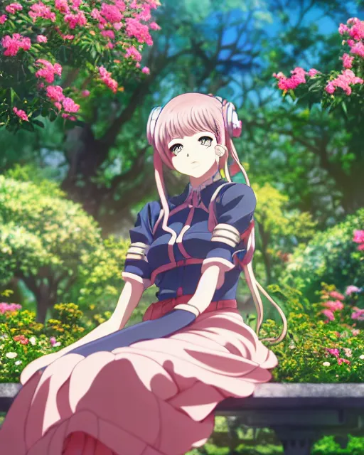 Image similar to cyborg girl in rose garden, contemplation, anime epic artwork, kyoto animation, key visual, 4 k, ultra fine detail