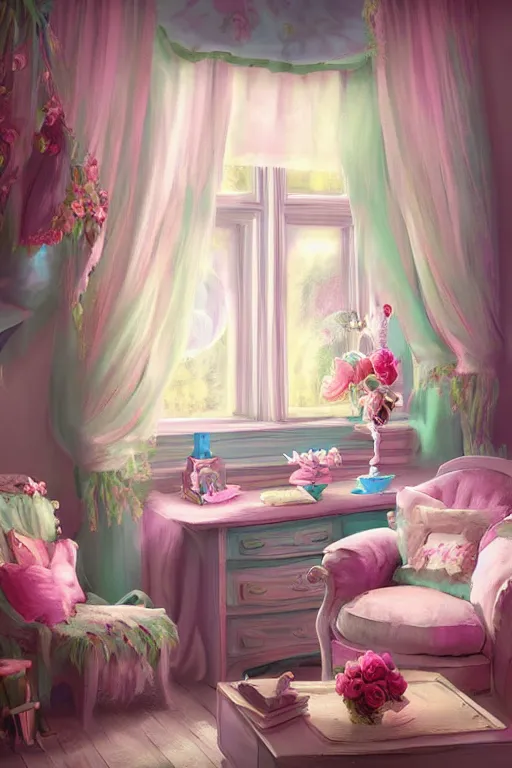 Prompt: matte sharp painting shabby chic room with windows mark rydel, artgerm, lisa frank, artstation behance storybook