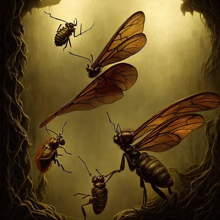 Image similar to epic professional digital art of startling hungry insects, faint golden moody atmospheric lighting, painted, intricate, detailed, detailed, foreboding, by leesha hannigan, wayne haag, reyna rochin, ignacio fernandez rios, mark ryden, iris van herpen,, epic, stunning, gorgeous, much wow, cinematic, masterpiece.