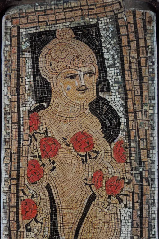 Image similar to a ceramic mosaic of goddess of roses, detailed faces, intricate detail, ancient babylonian art, occult art, alchemical diagram