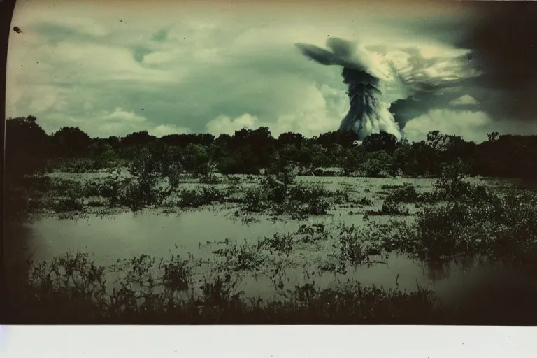 Prompt: old polaroid of a nuclear explosion in the louisiana swamps, people screaming