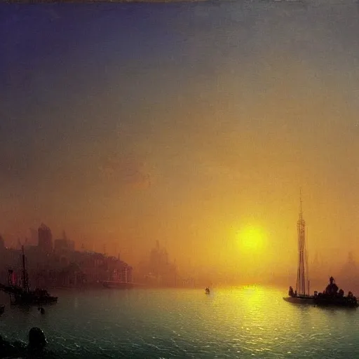 Image similar to a sunset overlooking a utopian city, by ivan aivazovsky