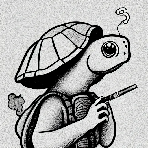 Prompt: storybook illustration of a turtle smoking a cigarette, storybook illustration, monochromatic, white background