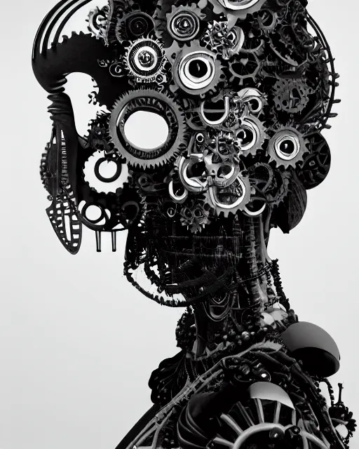 Image similar to black and white dreamy foggy profile face portrait, one steampunk eye biomechanical beautiful young female cyclope - cyborg - robot bust, body ribs meshes,, volumetric light, hibiscus flowers, by hg giger, rim light, by dora maar and cecile beaton, big gothic fashion pearl embroidered collar, 8 k