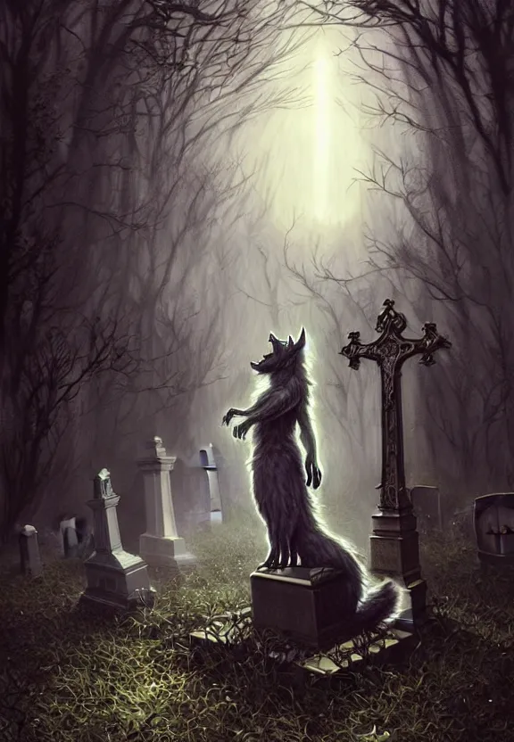 Image similar to Encounter with a feral werewolf at a spooky old cemetery, gravestones, tombstones, angel statues, fantasy magic, dark light night, intricate, elegant, sharp focus, illustration, highly detailed, digital painting, concept art, matte, art by WLOP and Artgerm and Greg Rutkowski and Alphonse Mucha, masterpiece