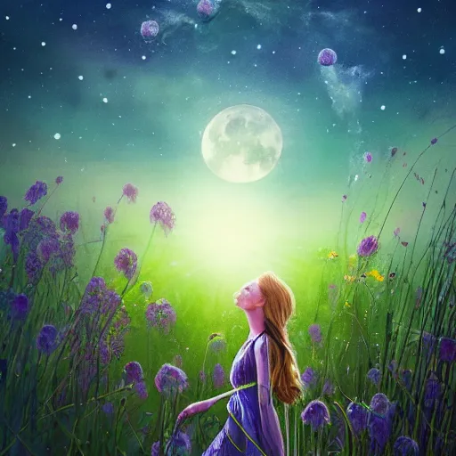 Image similar to breathtaking beautiful mystical illustration of a girl standing in a field of wild flowers gazing up at night sky, stars and milky way and moon, extreme foreshortening, bottom - up perspective, by akageno saru and thomke meyer and julia plath, trending on artstation, ballpoint, ultramarine and white