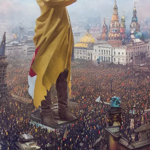 Image similar to a crowd of people with ukrainian flags bring down statue of vladimir lenin, photorealistic, highly detailed, artstation, smooth, sharp focus, art by michael whelan, artgerm, greg rutkowski and alphonse mucha