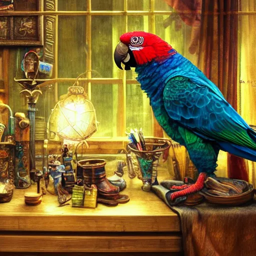 Image similar to A Anthropomorphized parrot trader in his shop, selling his wares, portrait, items, gold, carpet, window, sly expression, cunning expression, D&D, fantasy, intricate, cinematic lighting, highly detailed, digital painting, artstation, concept art, smooth, sharp focus, illustration, magic the gathering artwork, art by Akihiko Yoshida, Greg Rutkowski