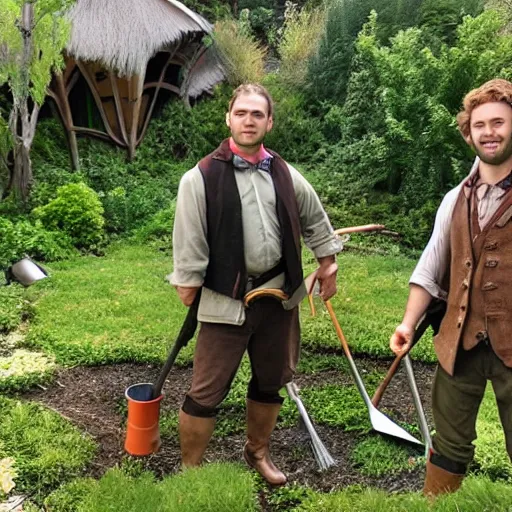 Prompt: handsome attractive hobbit dudes doing fantasy yardwork
