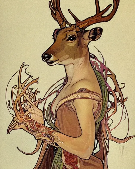 Image similar to an art nouveau painting of a deer with antlers, highly detailed, intricate, artstation, by alphonse mucha and james gurney