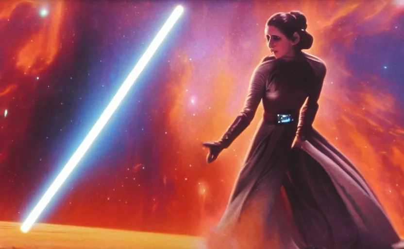 Image similar to screenshot portrait of Princess Leia using her lightsaber on a strange planet of maelstrom, chaos, the world without form and void, 1970s film by Stanley Kubrick, iconic scene, HR Geiger design, stunning cinematography, octane render, hyper-detailed, sharp, anamorphic lenses, kodak color, 4k, stunning