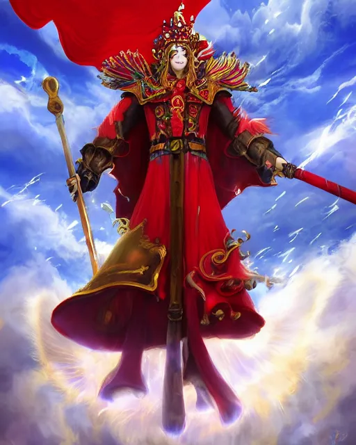 Image similar to A Full View of a Red Mage wearing red white and gold striped magical shining armor and a feathered hat holding a staff of power with a gemstone topper surrounded by an epic cloudscape. Magus. Red Wizard. Magimaster. Conquistador armor. Red and white striped cape. masterpiece. 4k digital illustration. by Ruan Jia and Mandy Jurgens and Artgerm and greg rutkowski and and Andreas Rocha and William-Adolphe Bouguereau and Edmund Blair Leighton, award winning, Artstation, art nouveau aesthetic, Alphonse Mucha background, intricate details, realistic, panoramic view, Hyperdetailed, 8k resolution, intricate art nouveau