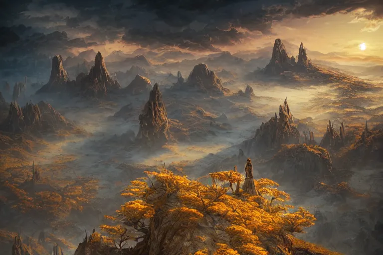 Prompt: high aerial shot, cinematic fantasy painting, dungeons and dragons, barren dry land, desert valley of bones, isolated autumn maple bonsai, with sunset lighting ominous shadows by jessica rossier and brian froud and hr giger