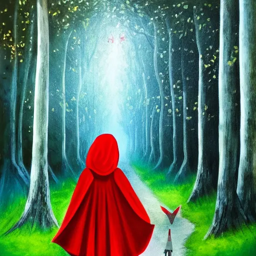 Image similar to little red riding hood walking through a dark forest, surrounded by brugmansia trees with white flowers, painting