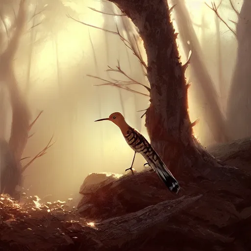 Prompt: hoopoe in avila pinewood, 4 k, concept art, by wlop, ilya kuvshinov, artgerm, krenz cushart, greg rutkowski, pixiv. cinematic dramatic atmosphere, sharp focus, volumetric lighting, cinematic lighting, studio quality