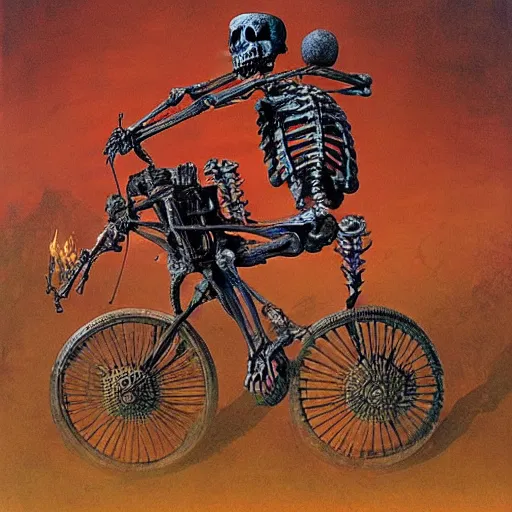 Image similar to Skeleton riding a motocycle with fire behind made by Zdzislaw Beksinski