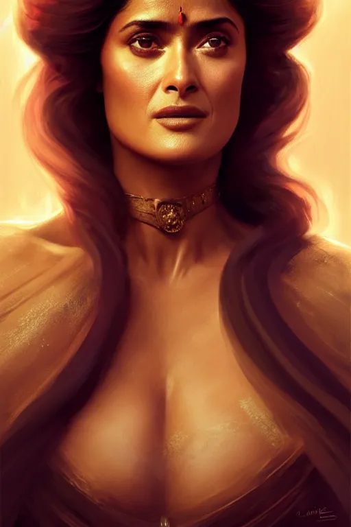 Image similar to salma hayek as a princess of eternal beauty and grace, face portrait, raphael lacoste, eddie mendoza, alex ross, concept art, matte painting, highly detailed, rule of thirds, dynamic lighting, cinematic, detailed, denoised, centerd