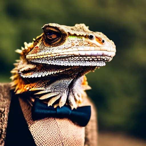 Image similar to dslr portrait still of a bearded dragon wearing a top hat and bow tie, 8 k 8 5 mm f 1. 4