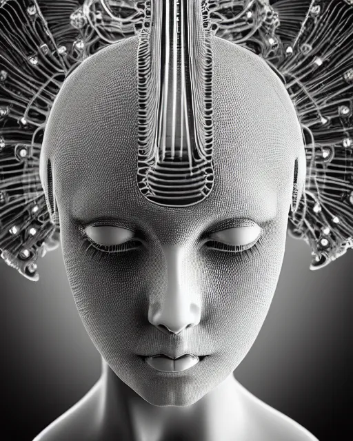 Prompt: mythical dreamy black and white organic translucent bio-mechanical spinal ribbed profile face portrait detail of mechanical beautiful female angelic-human-queen-cyborg, highly detailed, intricate crystal jelly steampunk ornate, poetic, 3D render, digital art, octane render, 8K artistic photography, photo-realistic, by Dora Maar