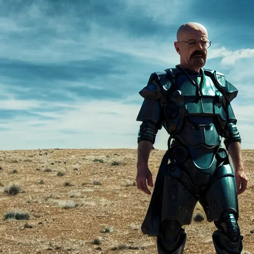 Prompt: Film still of Walter White in cybernetic battle armor in new futuristic futuristic Breaking Bad movie, highly detailed, 4k