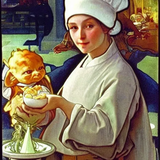 Image similar to baby yoda as a chef wearing a white apron and wearing a white chef's hat, by Jan van Eyck, by alphonse mucha