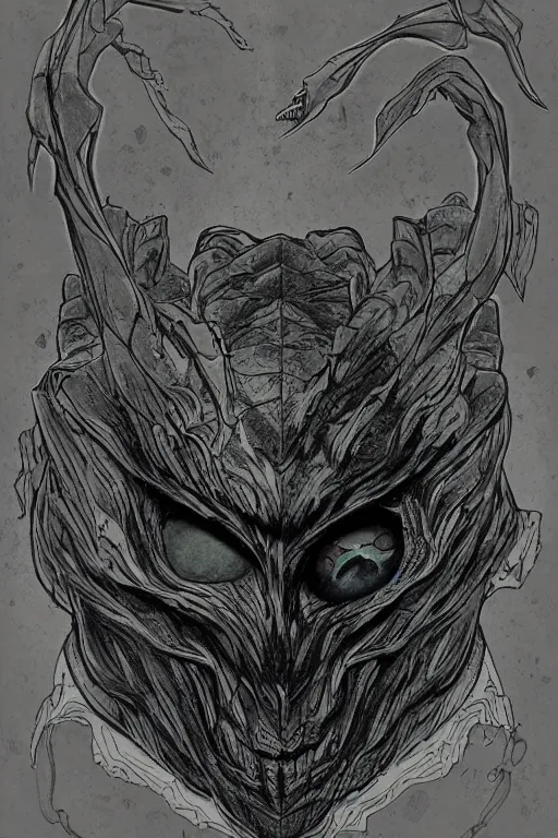 Image similar to portrait of dark hydra head and shoulders with single centered giant bloodshot eye, in the style of Greg Broadmore and Arthur Rackham,trending on artstation, light lighting side view,digital art,surrealism ,macro,blueprint ,vaporwave ,