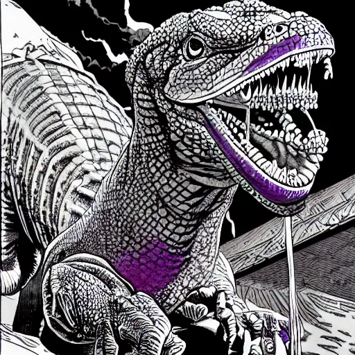 Prompt: precisely drawn illustration of a giant purple komodo dragon, wide angle, sharp, fine details, French comic style, cyberpunk, intense line art, 8k, precise linework, realistic, Richard Corben and Moebius