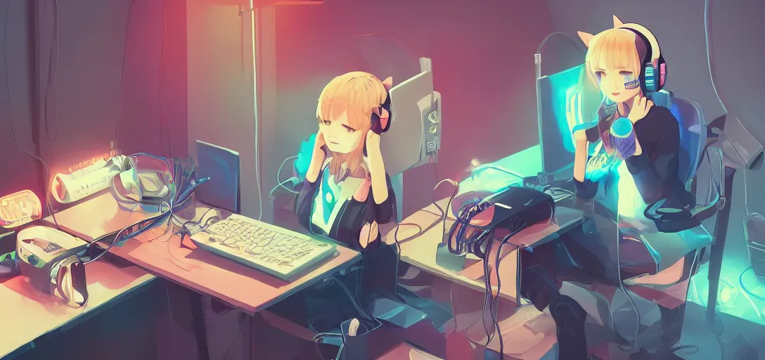 Image similar to a blond woman with cat ear headphones, sitting in front of computer, gamer, computer nerd, cute room, neon lights, gamer aesthetic, lofi vibes, strong crisp lineart and flat color, by ilya kuvshinov, krenz cushart, Greg Rutkowski, trending on artstation