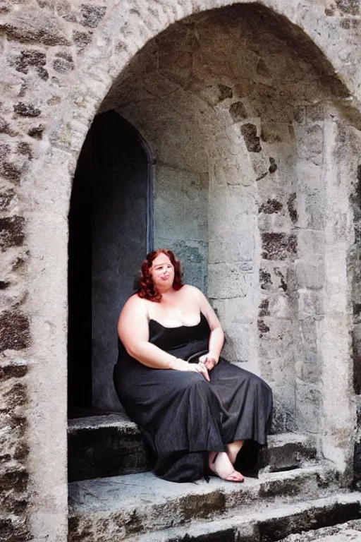 Prompt: plus - sized woman sitting on the stairs of a medieval building, summer, nature, natural light, forest setting, 1 9 6 0 s art, neo - renaissance, pop art, mixed media, by tom wesselman, by mel ramos, by martial raysse, by antonello de messina, by jim silke