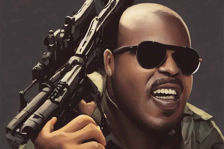 Image similar to portrait of stevie wonder holding an ak - 4 7, mexico set in background, charlie bowater, artgerm, ilya kuvshinov, krenz cushart, ruan jia, realism, ultra detailed, 8 k resolution