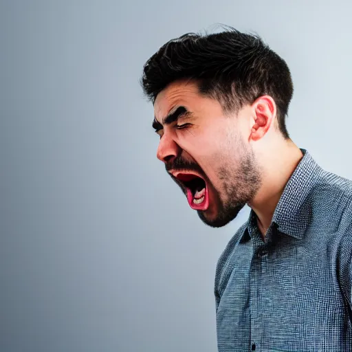 Image similar to A man yelling at his computer, XF IQ4, 150MP, 50mm, F1.4, ISO 200, 1/160s, natural light