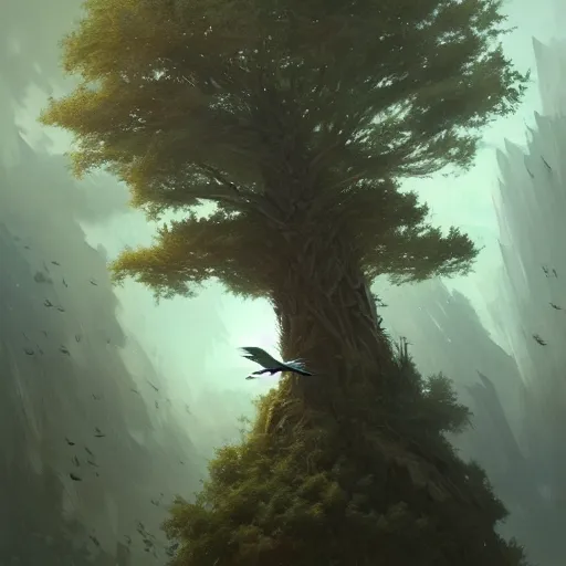 Image similar to a tree in the shape of a bird, by greg rutkowski, trending on art station, highly detailed, magic the gathering, matte painting