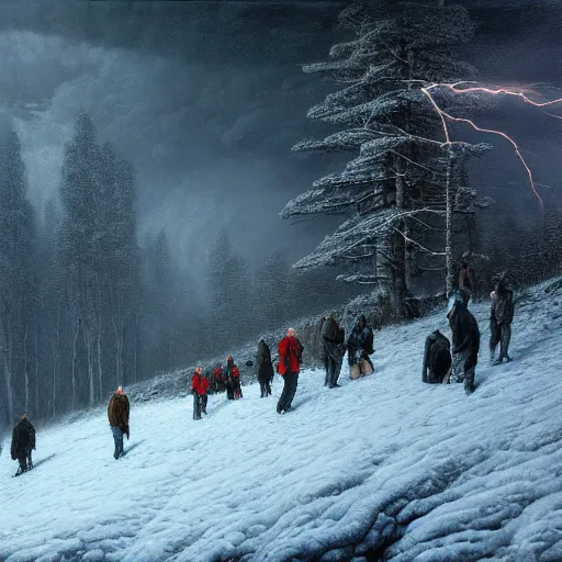 Image similar to a beautiful painting of group of climbers, extreme cold, storm, octane rendering, grim, dark, gloomy, cruel, volumetric lightning, hyperrealism, no blur, 4 k resolution, ultra detailed, style of john atkinson grimshaw, ivan shishkin, tyler edlin, scott listfield, eric zener