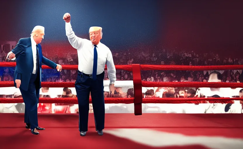 Image similar to a beautiful painting of donald trump and joe biden in a boxing match, cinematic angle, studio lighting, movie concept, trending on artstation, octane render, 8 k, ultra high detail