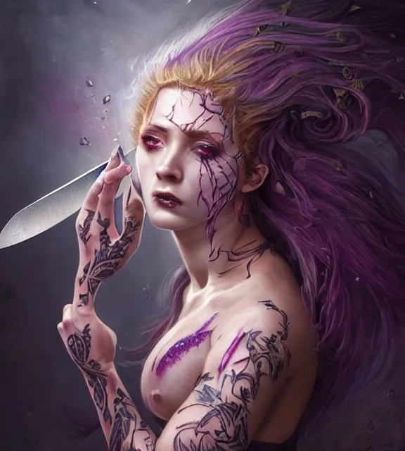 Image similar to beautiful female stabber stabbing soldier with knife, perfect face, intricate tattoos, purple flowing hair, crazy eyes, spraying blood, cinematic, blush, stunning, athletic, moist, strong, agile, highly detailed, hard focus, sensual lighting, art by jessica rossier and brian froud