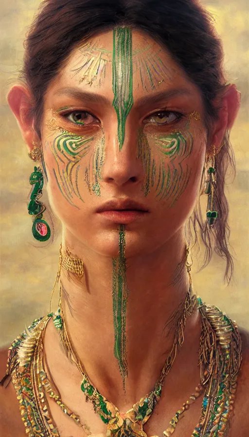 Prompt: epic masterpiece portrait of a beauty, tribal makeup and jewelry, sweaty skin, hyperrealistic, octane render, cinematic, beautiful face and flawless skin, perfect hands, emeralds by Edgar Maxence and Ross Tran and Michael Whelan, Legends of Runeterra