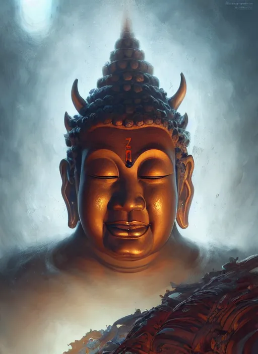 Image similar to oni with the face of a buddha, subsurface scattering, by jesper ejsing, justin gerard, tomasz alen kopera, cgsociety and fenghua zhong, highly detailed, rim light, cinematic lighting, illustration, art, octane render, very coherent, cinematic, hyper realism, high detail, octane render, 8 k